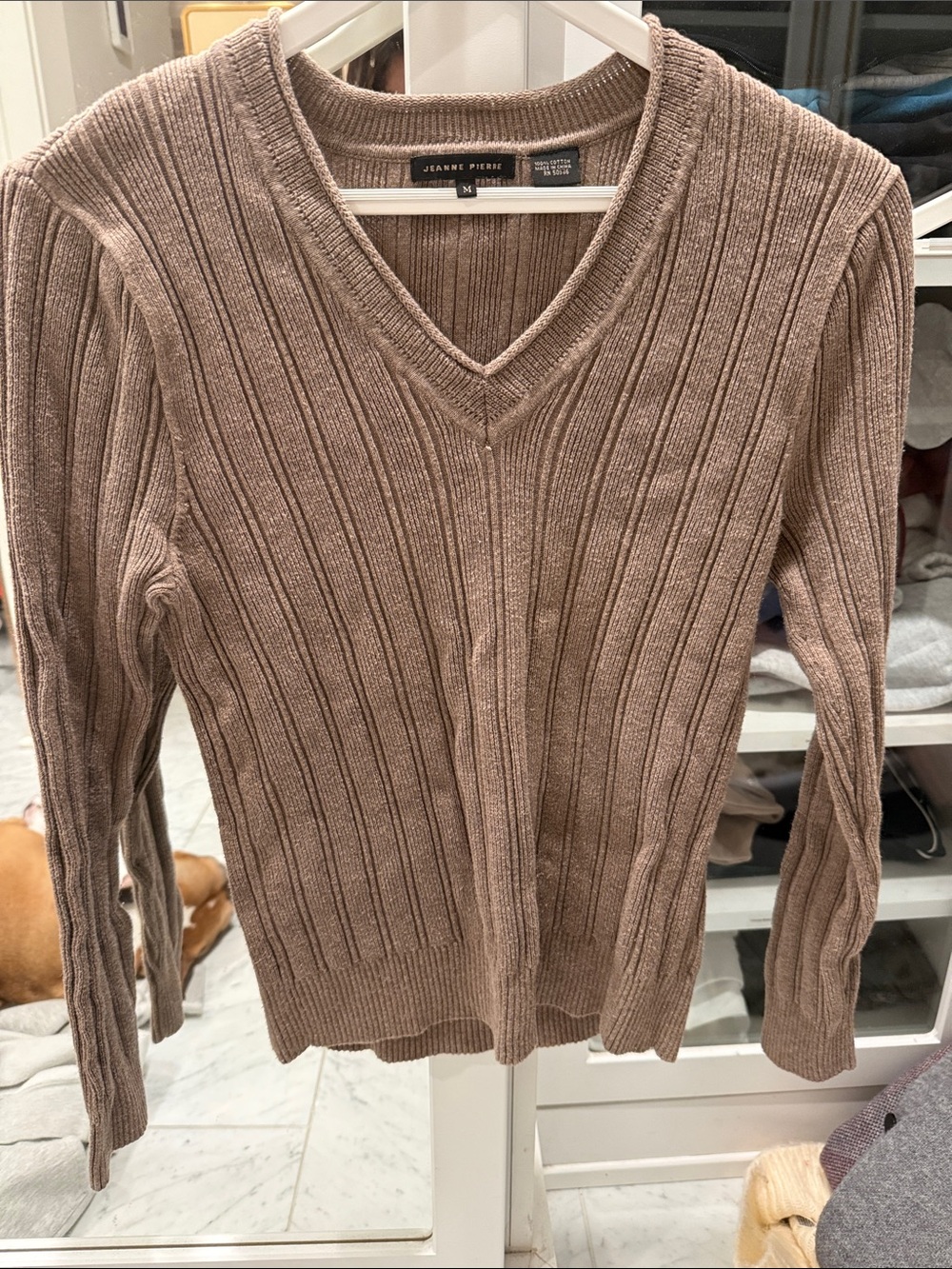JEANNE PIERRE Women's Ribbed V-Neck Sweater in Taupe